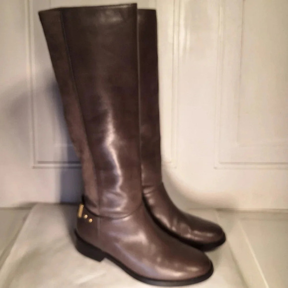 Cole Haan Adler Grey Riding Boot Leather/Suede With Gold Accent Buckle 6 1/2 - Picture 4 of 13
